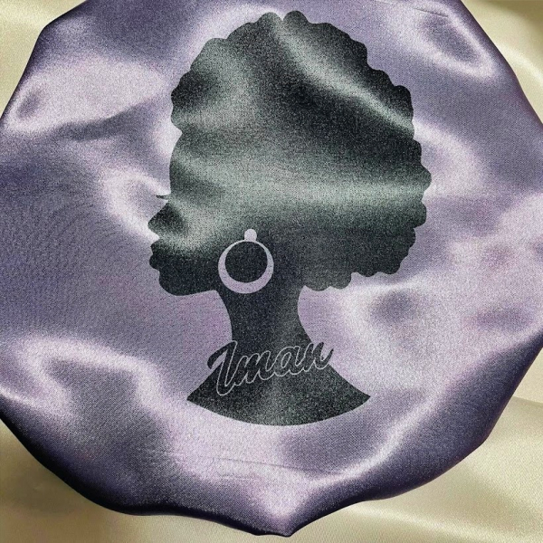 bonnet de nuit en satin à personnaliser parme tête afro